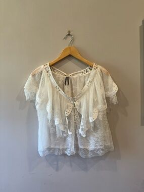 Anthropologie Lace Popover Top Medium Short Sleeve Sheer Lacy Button Front Top